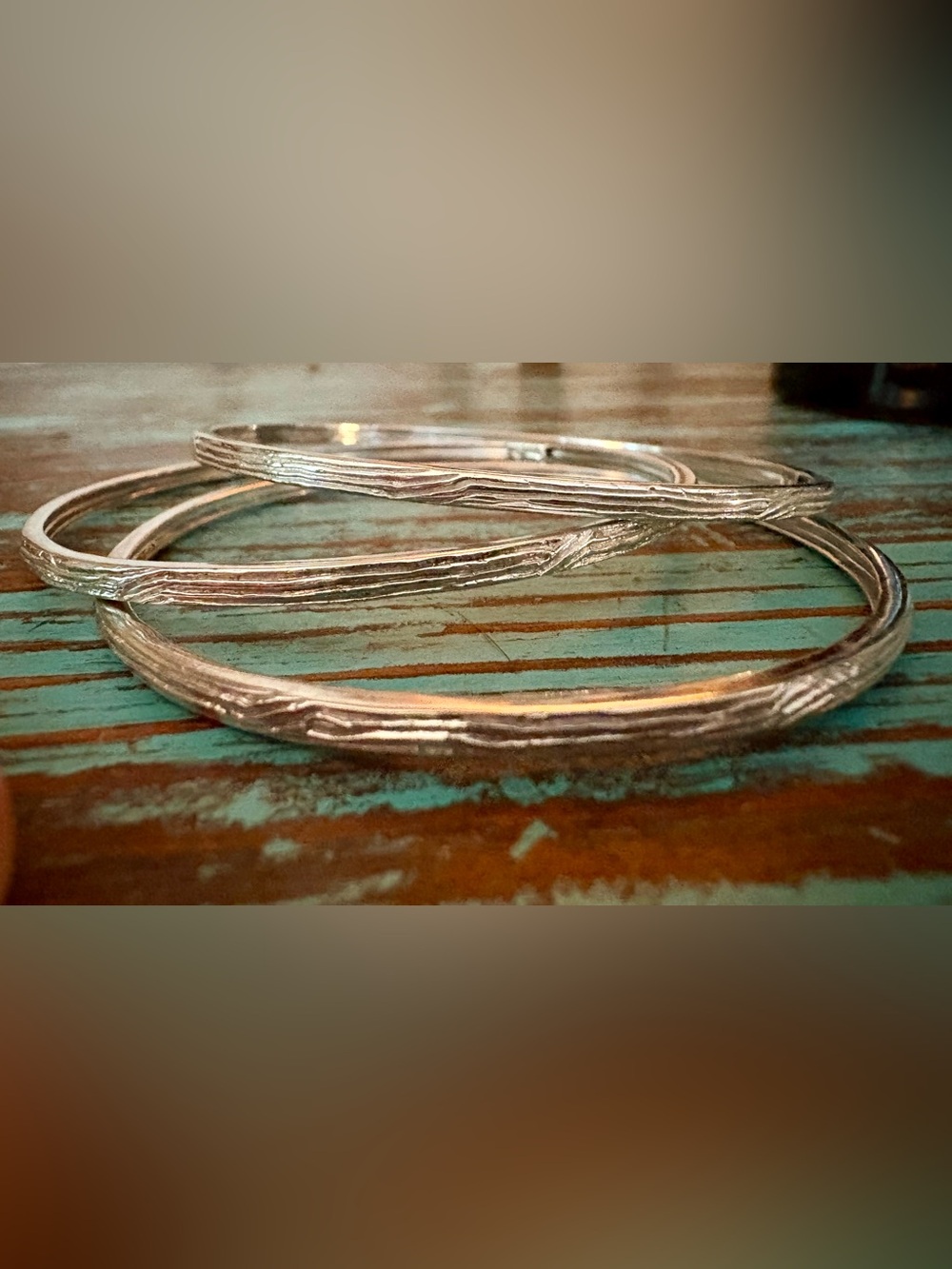 925 sterling silver bark/wood Textured heavy Bangle Bracelet Set